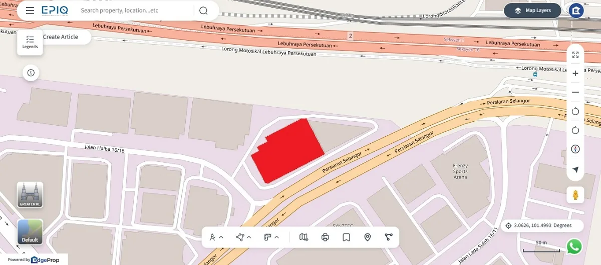 Axis Industrial Facility 3 @ Shah Alam (in red) on Jalan Halba 16/16, Section 16, with the Federal Highway behind it; bought for RM38m in September 2026.