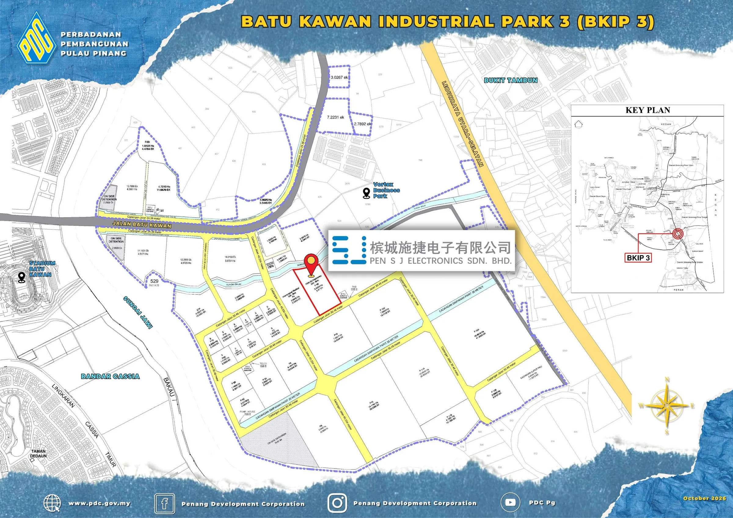 PEN S J’s Plot P 4B (outlined in red) in Batu Kawan Industrial Park 3, on PDC’s October 2026 site plan. Plan: Penang Development Corporation, via InvestPenang