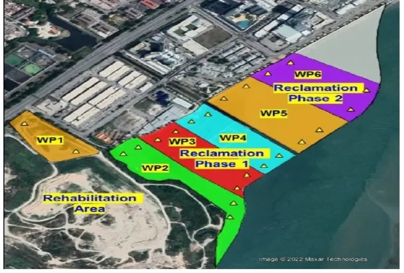 The EIA's phasing map: the rehabilitation area, WP1 for recycling plants, and reclamation phases 1 and 2 off Karpal Singh Drive. Map: EIA report, via Aliran