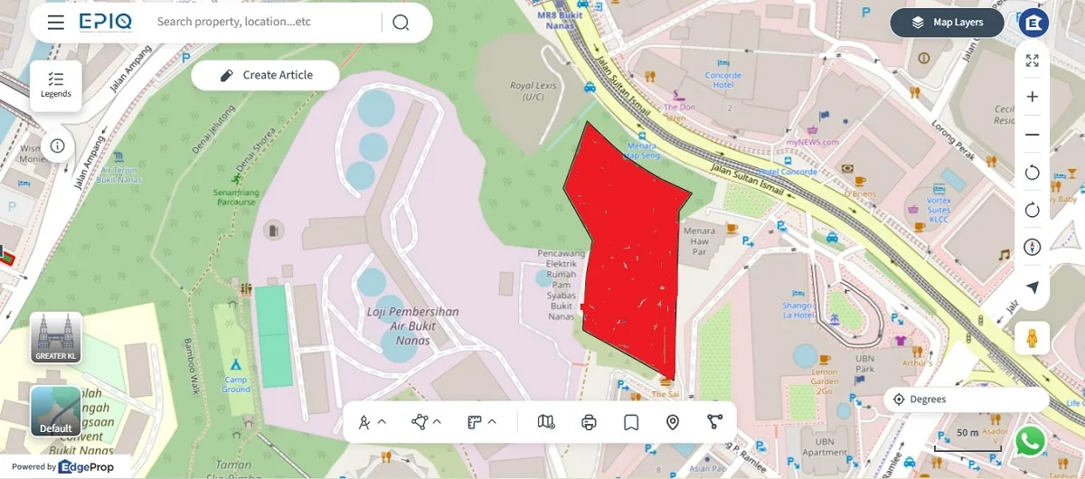 The 2.61-acre site (outlined in red) on Jalan Sultan Ismail, opposite the Concorde Hotel and bounded to the west by Bukit Nanas. Map: EdgeProp EPIQ